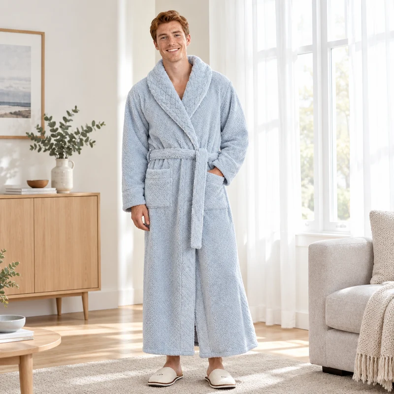 Oversized Fleece-Bademantel für Herren – Korallenfarbener Flanell-Kimono-Bademantel für Paare