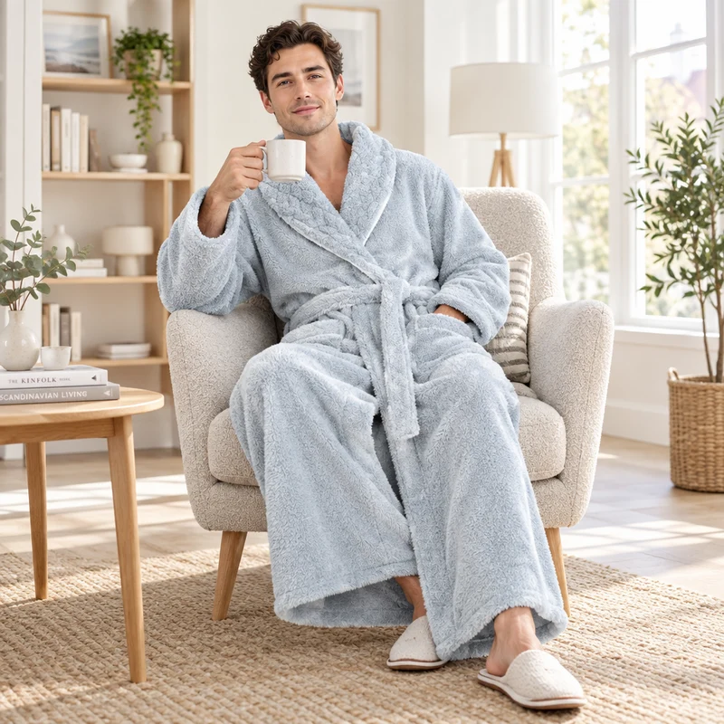 Oversized Fleece-Bademantel für Herren – Korallenfarbener Flanell-Kimono-Bademantel für Paare