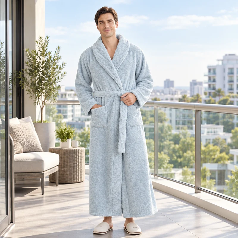 Oversized Fleece-Bademantel für Herren – Korallenfarbener Flanell-Kimono-Bademantel für Paare