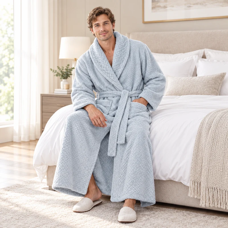 Oversized Fleece-Bademantel für Herren – Korallenfarbener Flanell-Kimono-Bademantel für Paare