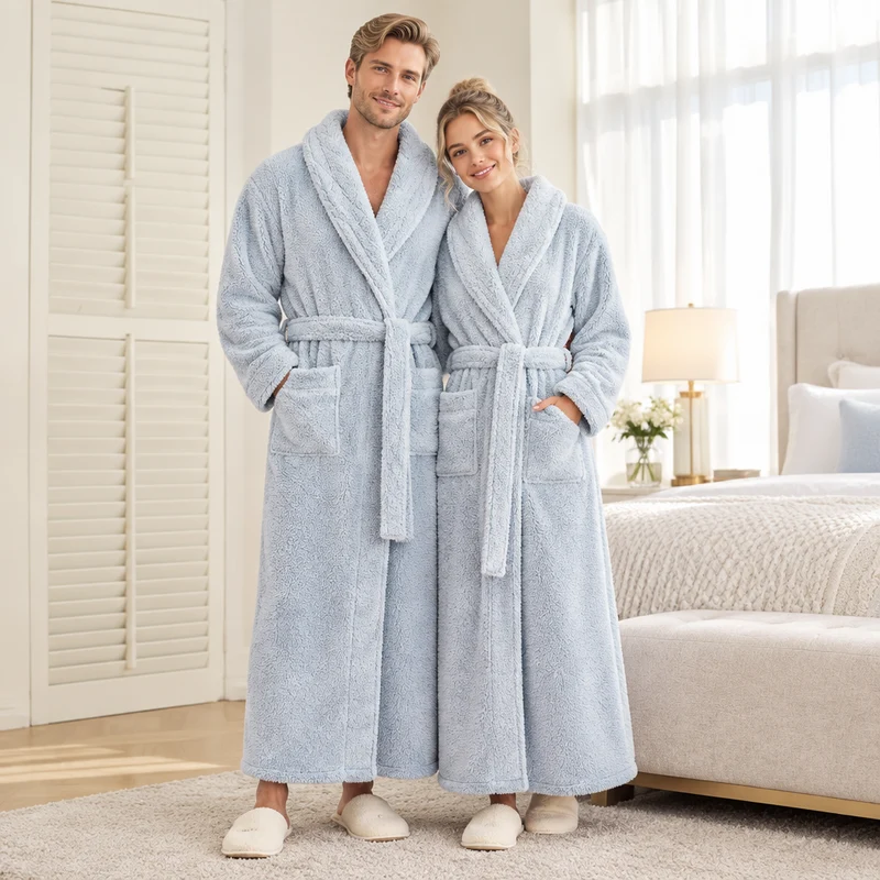 Oversized Fleece-Bademantel für Herren – Korallenfarbener Flanell-Kimono-Bademantel für Paare