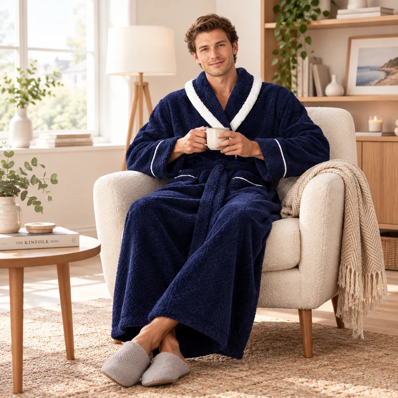 Oversized Fleece-Bademantel für Herren – Korallenfarbener Flanell-Kimono-Bademantel für Paare