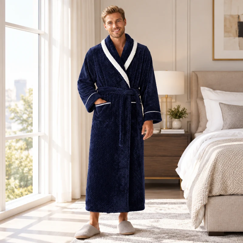 Oversized Fleece-Bademantel für Herren – Korallenfarbener Flanell-Kimono-Bademantel für Paare