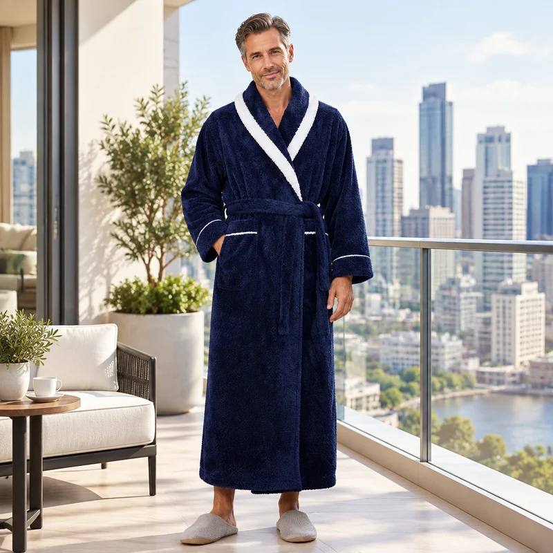 Oversized Fleece-Bademantel für Herren – Korallenfarbener Flanell-Kimono-Bademantel für Paare