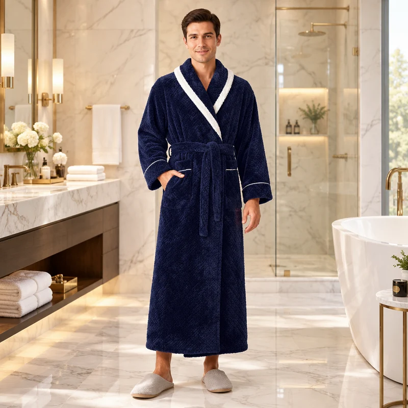 Oversized Fleece-Bademantel für Herren – Korallenfarbener Flanell-Kimono-Bademantel für Paare