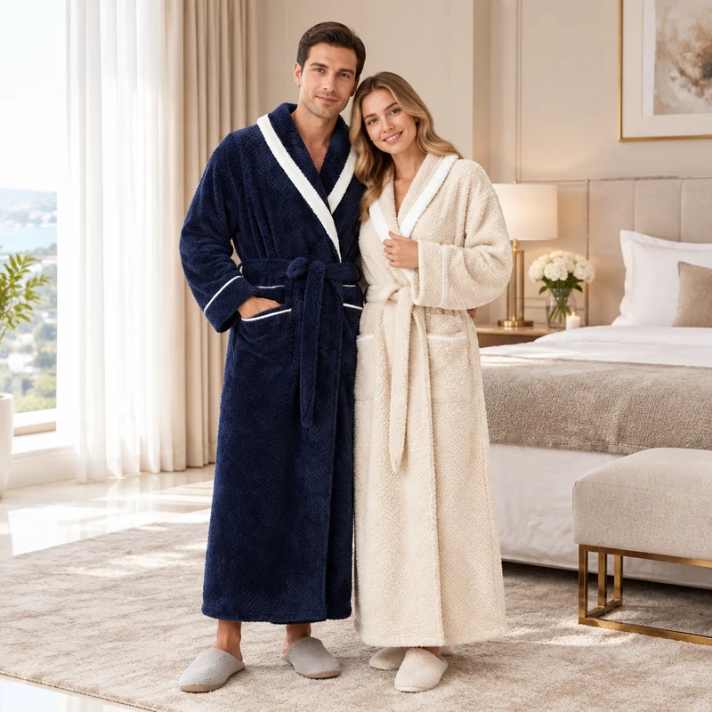 Oversized Fleece-Bademantel für Herren – Korallenfarbener Flanell-Kimono-Bademantel für Paare