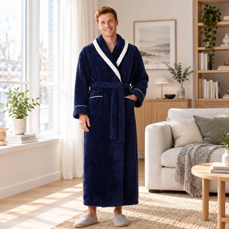 Oversized Fleece-Bademantel für Herren – Korallenfarbener Flanell-Kimono-Bademantel für Paare