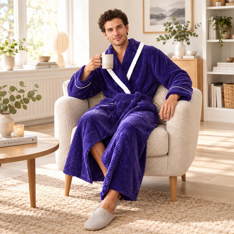 Oversized Fleece-Bademantel für Herren – Korallenfarbener Flanell-Kimono-Bademantel für Paare