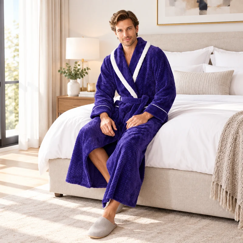 Oversized Fleece-Bademantel für Herren – Korallenfarbener Flanell-Kimono-Bademantel für Paare