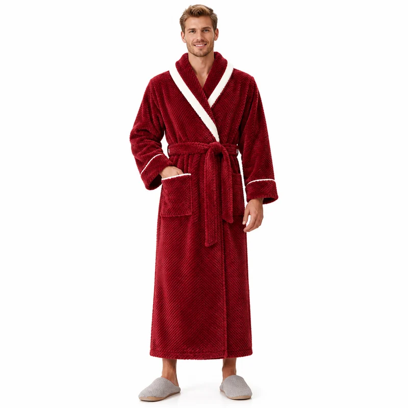 Oversized Fleece-Bademantel für Herren – Korallenfarbener Flanell-Kimono-Bademantel für Paare