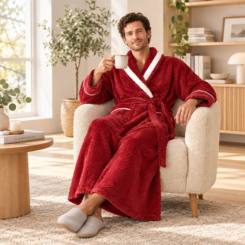 Oversized Fleece-Bademantel für Herren – Korallenfarbener Flanell-Kimono-Bademantel für Paare