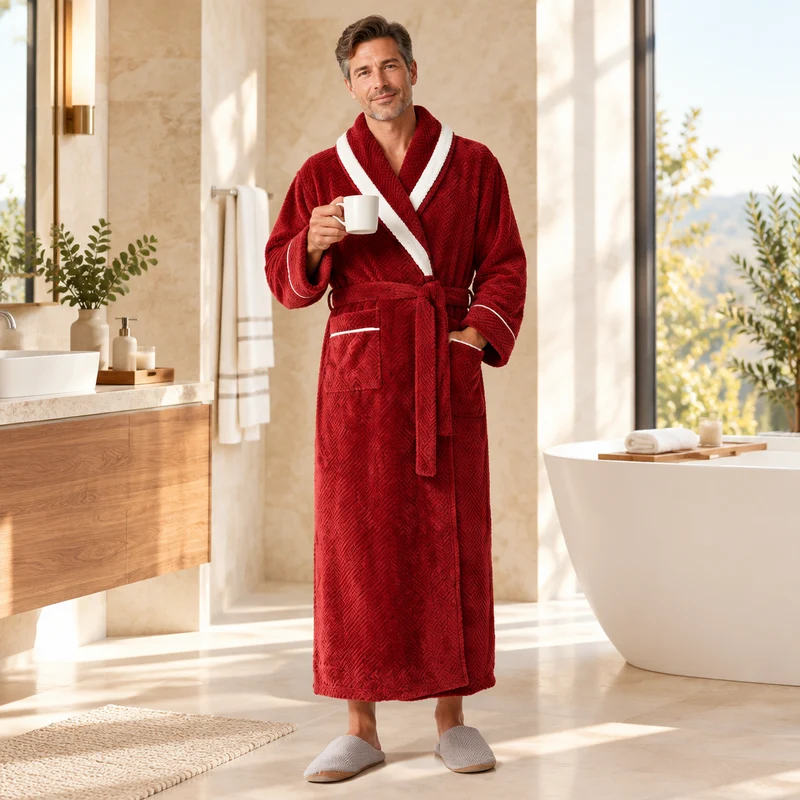 Oversized Fleece-Bademantel für Herren – Korallenfarbener Flanell-Kimono-Bademantel für Paare