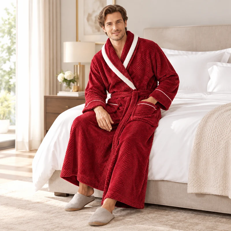 Oversized Fleece-Bademantel für Herren – Korallenfarbener Flanell-Kimono-Bademantel für Paare