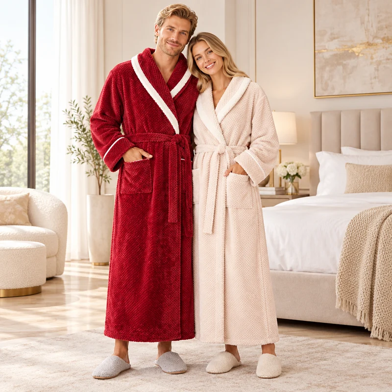 Oversized Fleece-Bademantel für Herren – Korallenfarbener Flanell-Kimono-Bademantel für Paare