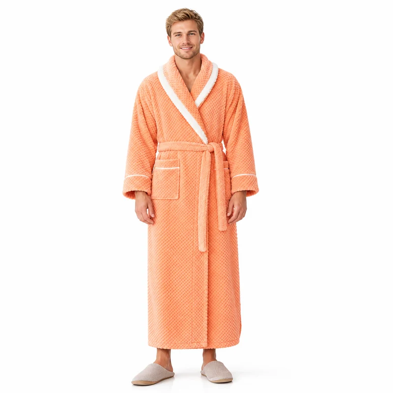 Oversized Fleece-Bademantel für Herren – Korallenfarbener Flanell-Kimono-Bademantel für Paare