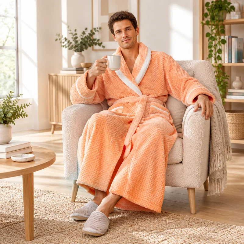 Oversized Fleece-Bademantel für Herren – Korallenfarbener Flanell-Kimono-Bademantel für Paare
