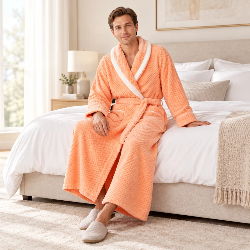 Oversized Fleece-Bademantel für Herren – Korallenfarbener Flanell-Kimono-Bademantel für Paare
