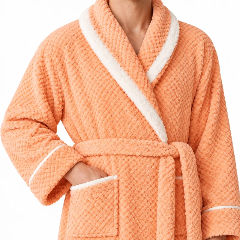 Oversized Fleece-Bademantel für Herren – Korallenfarbener Flanell-Kimono-Bademantel für Paare