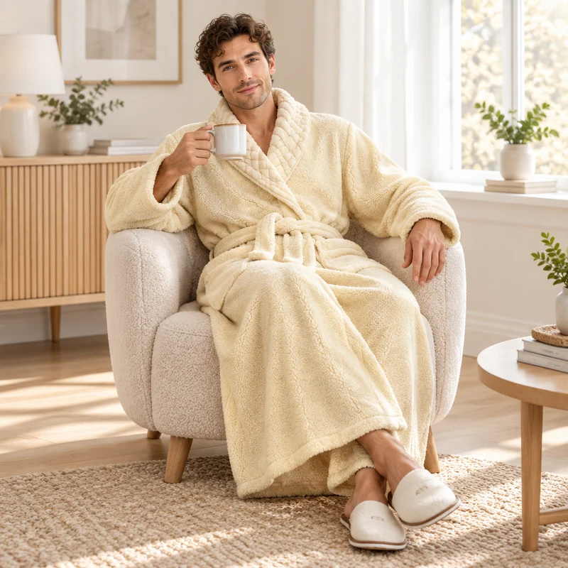 Oversized Fleece-Bademantel für Herren – Korallenfarbener Flanell-Kimono-Bademantel für Paare