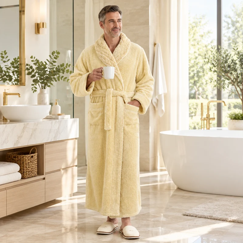 Oversized Fleece-Bademantel für Herren – Korallenfarbener Flanell-Kimono-Bademantel für Paare