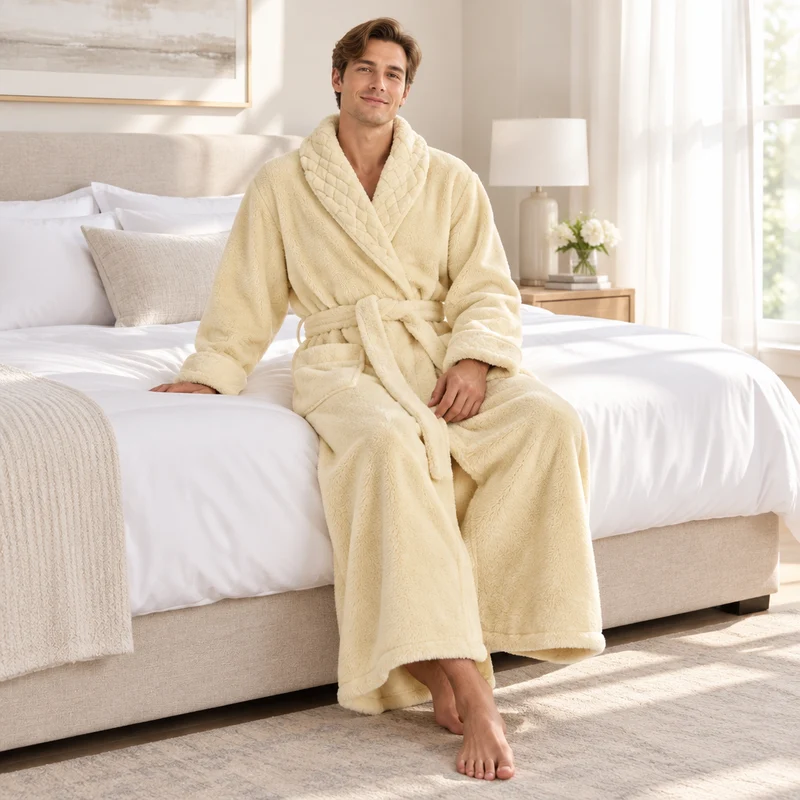Oversized Fleece-Bademantel für Herren – Korallenfarbener Flanell-Kimono-Bademantel für Paare