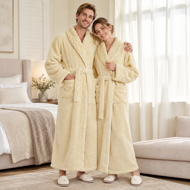 Oversized Fleece-Bademantel für Herren – Korallenfarbener Flanell-Kimono-Bademantel für Paare
