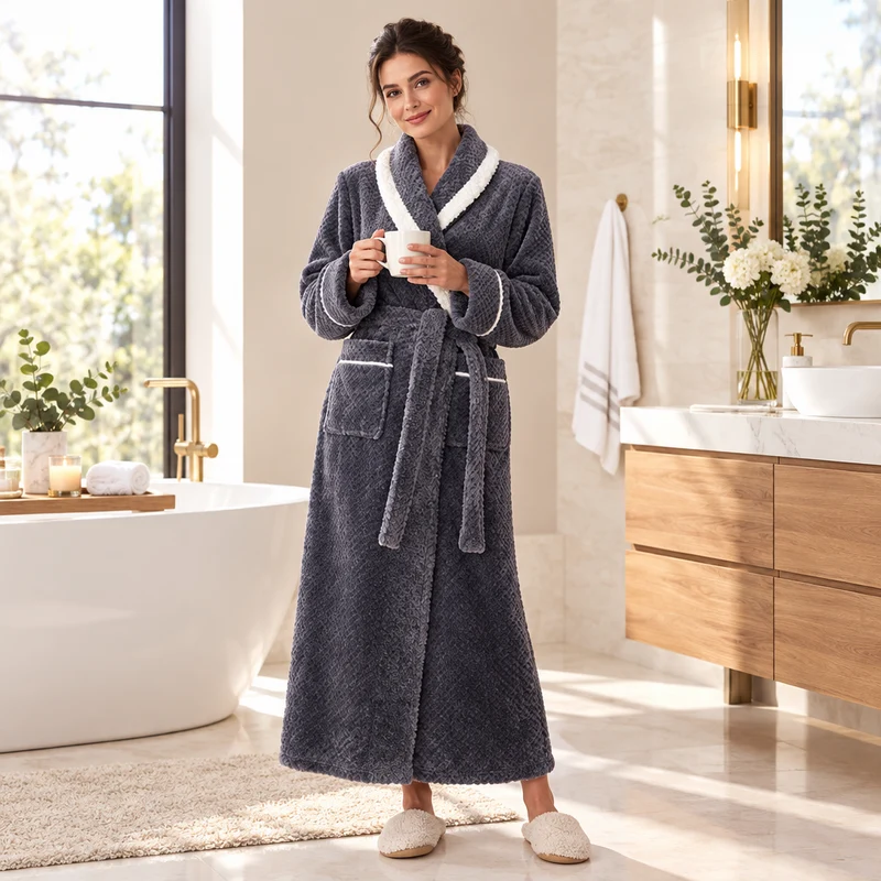 Oversized Fleece-Bademantel für Herren – Korallenfarbener Flanell-Kimono-Bademantel für Paare