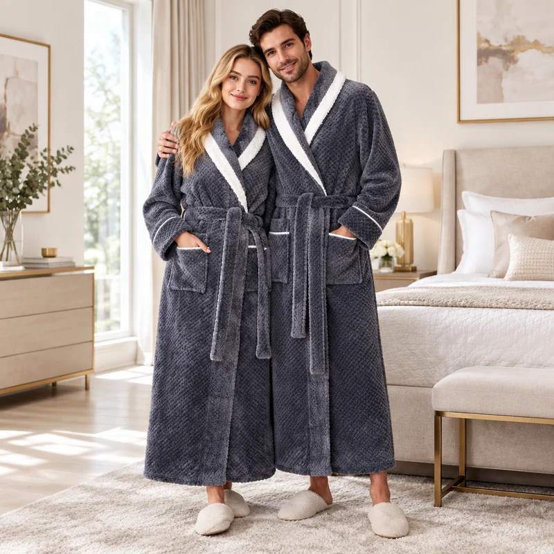 Oversized Fleece-Bademantel für Herren – Korallenfarbener Flanell-Kimono-Bademantel für Paare