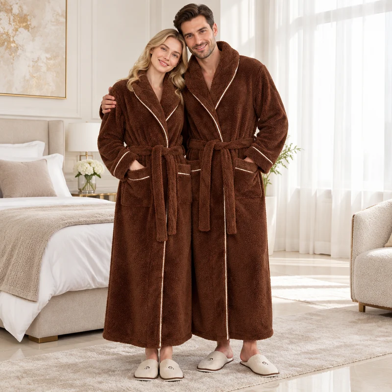 Oversized Fleece-Bademantel für Herren – Korallenfarbener Flanell-Kimono-Bademantel für Paare