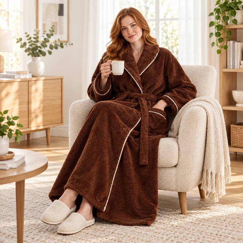 Oversized Fleece-Bademantel für Herren – Korallenfarbener Flanell-Kimono-Bademantel für Paare