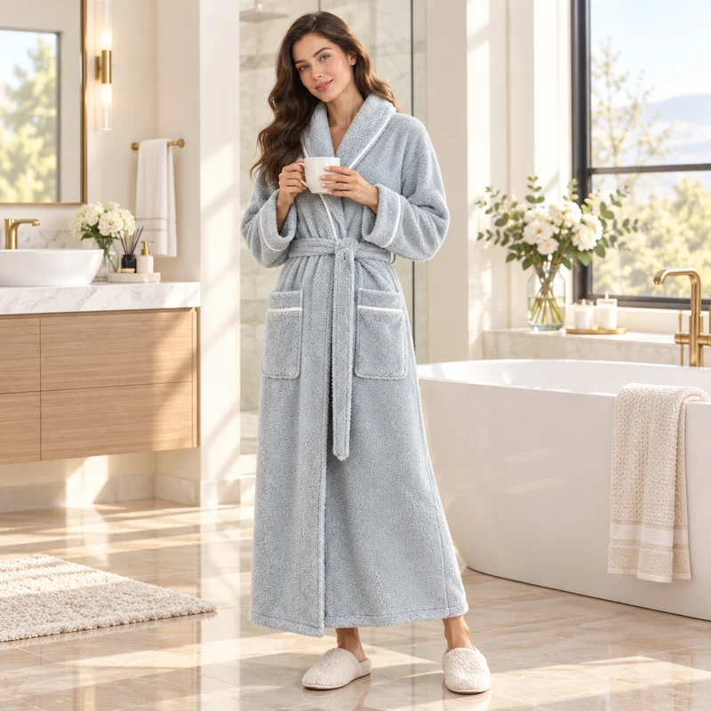 Oversized Fleece-Bademantel für Herren – Korallenfarbener Flanell-Kimono-Bademantel für Paare