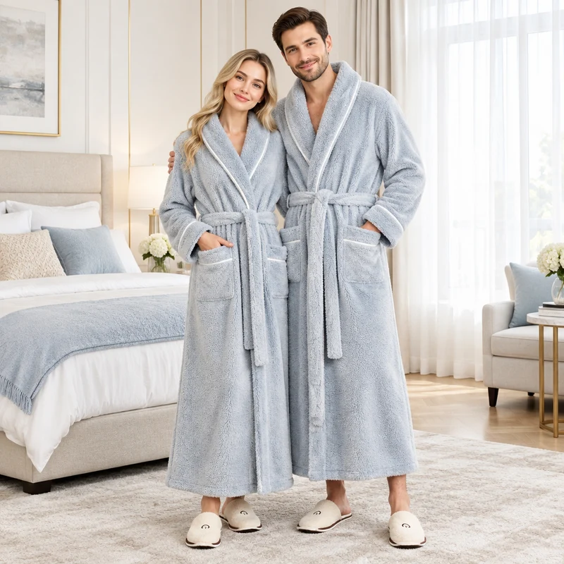 Oversized Fleece-Bademantel für Herren – Korallenfarbener Flanell-Kimono-Bademantel für Paare