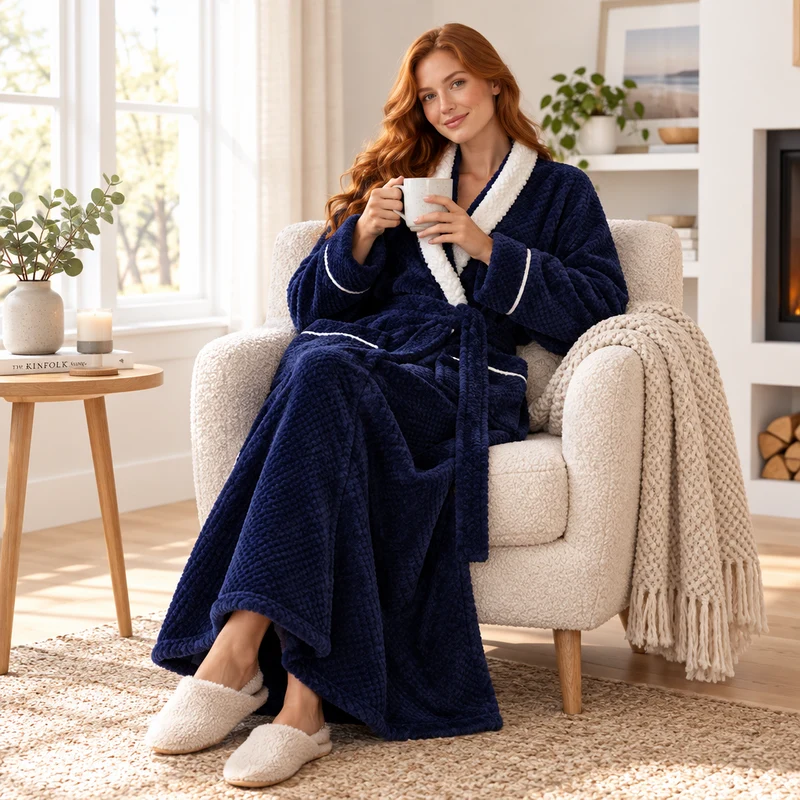 Oversized Fleece-Bademantel für Herren – Korallenfarbener Flanell-Kimono-Bademantel für Paare