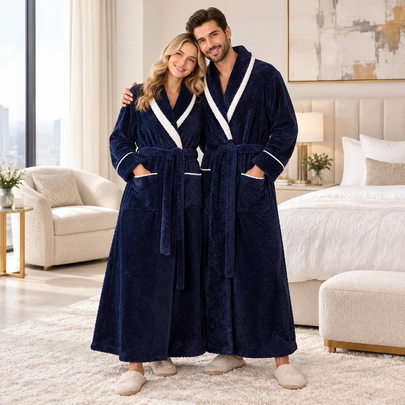 Oversized Fleece-Bademantel für Herren – Korallenfarbener Flanell-Kimono-Bademantel für Paare