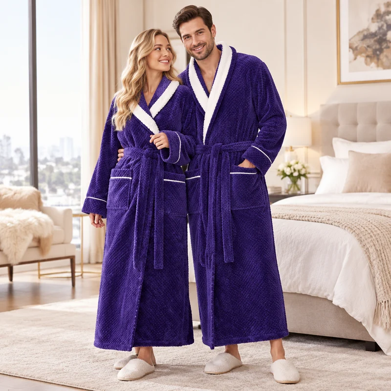 Oversized Fleece-Bademantel für Herren – Korallenfarbener Flanell-Kimono-Bademantel für Paare
