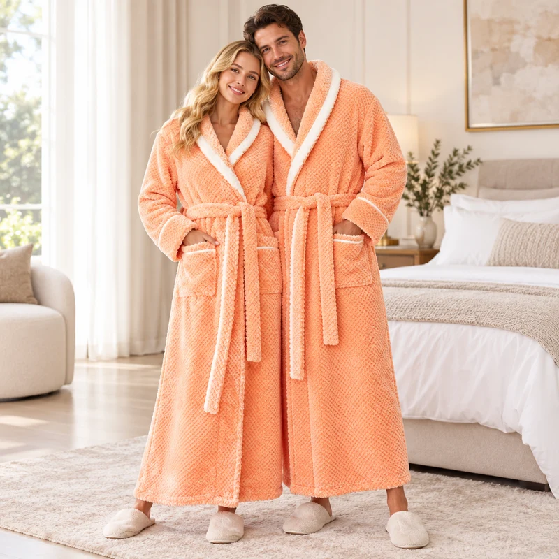 Oversized Fleece-Bademantel für Herren – Korallenfarbener Flanell-Kimono-Bademantel für Paare