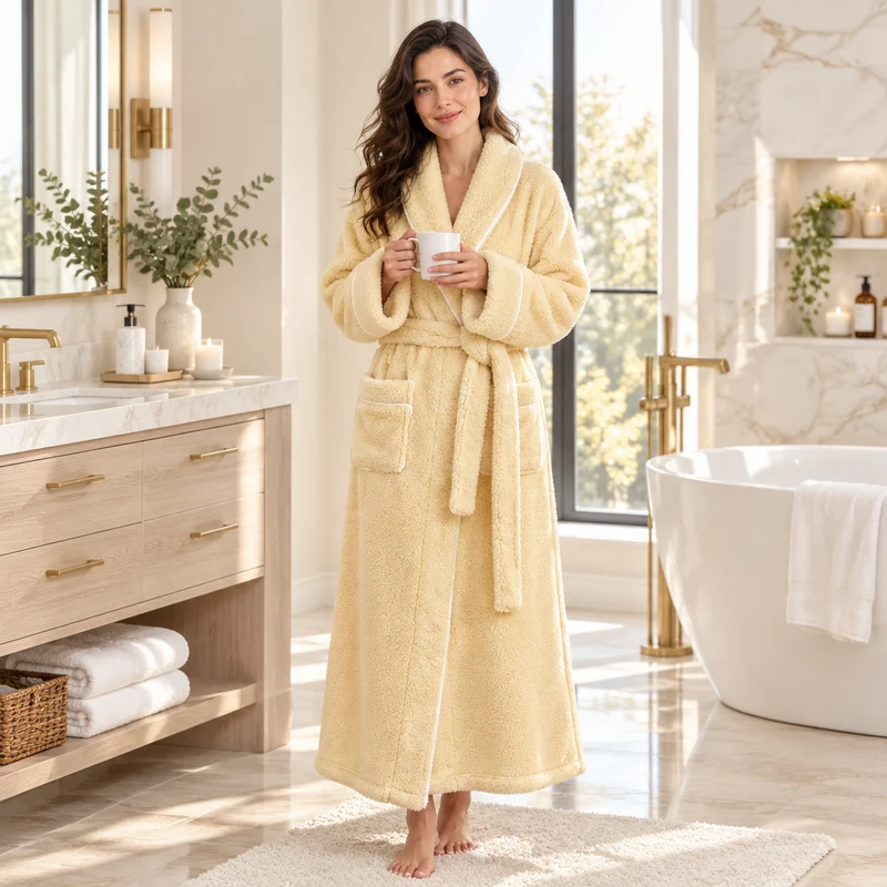 Oversized Fleece-Bademantel für Herren – Korallenfarbener Flanell-Kimono-Bademantel für Paare