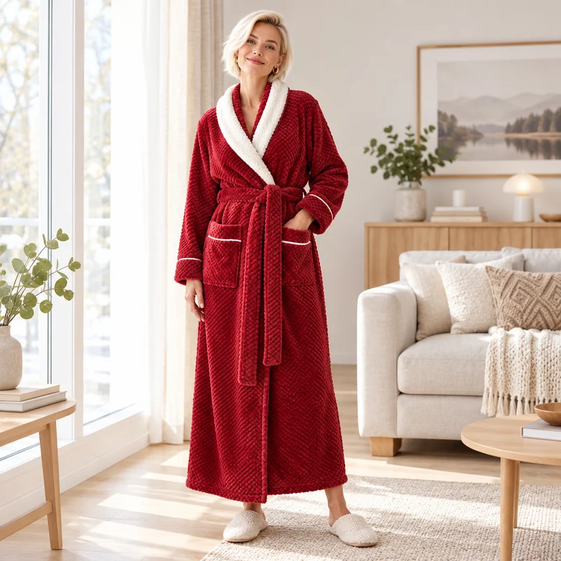 Oversized Fleece-Bademantel für Herren – Korallenfarbener Flanell-Kimono-Bademantel für Paare