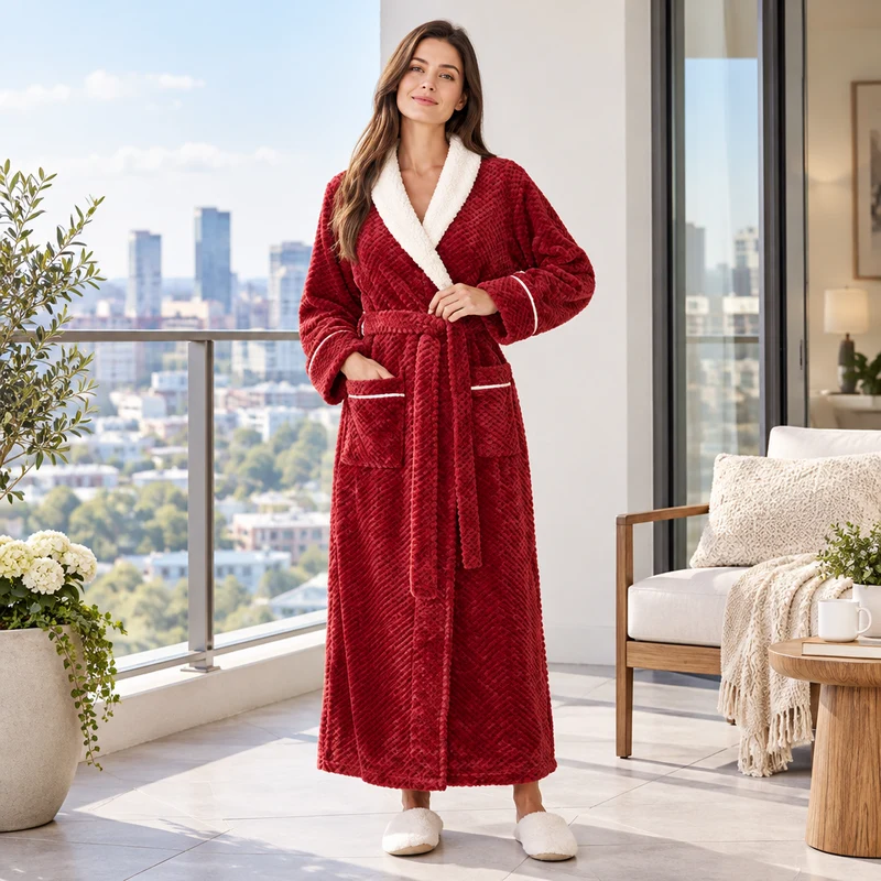 Oversized Fleece-Bademantel für Herren – Korallenfarbener Flanell-Kimono-Bademantel für Paare