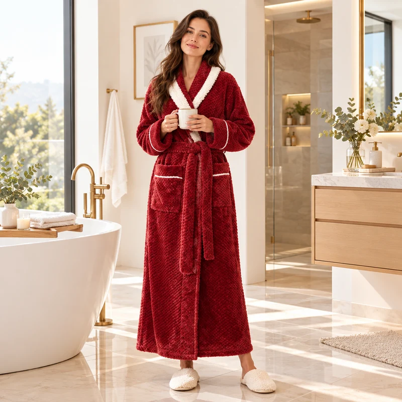 Oversized Fleece-Bademantel für Herren – Korallenfarbener Flanell-Kimono-Bademantel für Paare