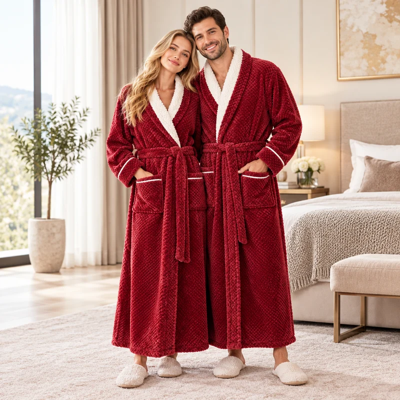 Oversized Fleece-Bademantel für Herren – Korallenfarbener Flanell-Kimono-Bademantel für Paare