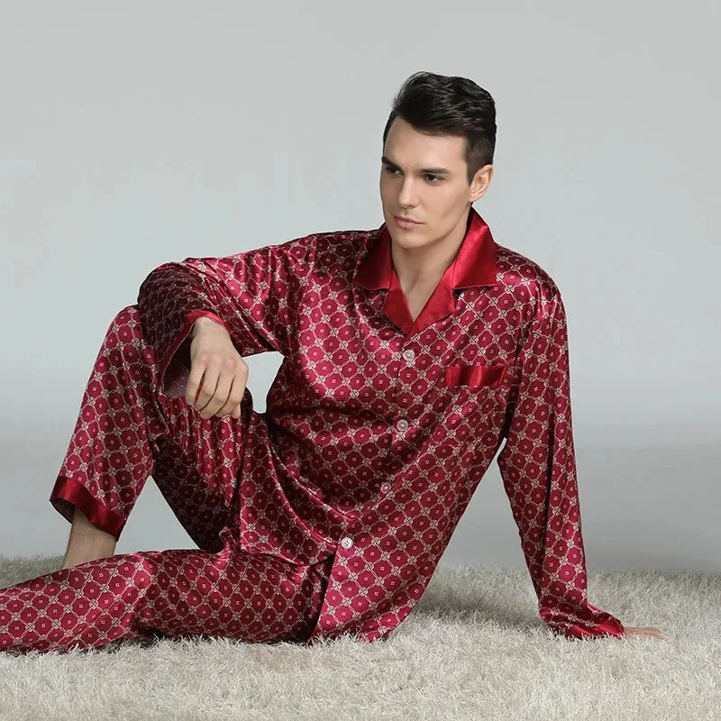 Pyjama-Set für Herren in Übergröße, 2-teilig, langärmelig, locker geschnitten, bedruckt, aus Seidensatin, Loungewear