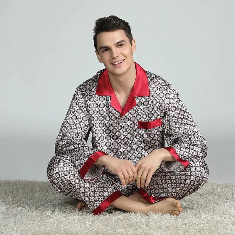 Pyjama-Set für Herren in Übergröße, 2-teilig, langärmelig, locker geschnitten, bedruckt, aus Seidensatin, Loungewear