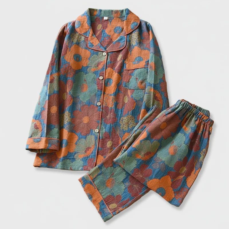 Damen-Baumwollpyjama-Set, garngefärbtes Jacquard-Muster, Vintage-Stil, lang, 2-teilig