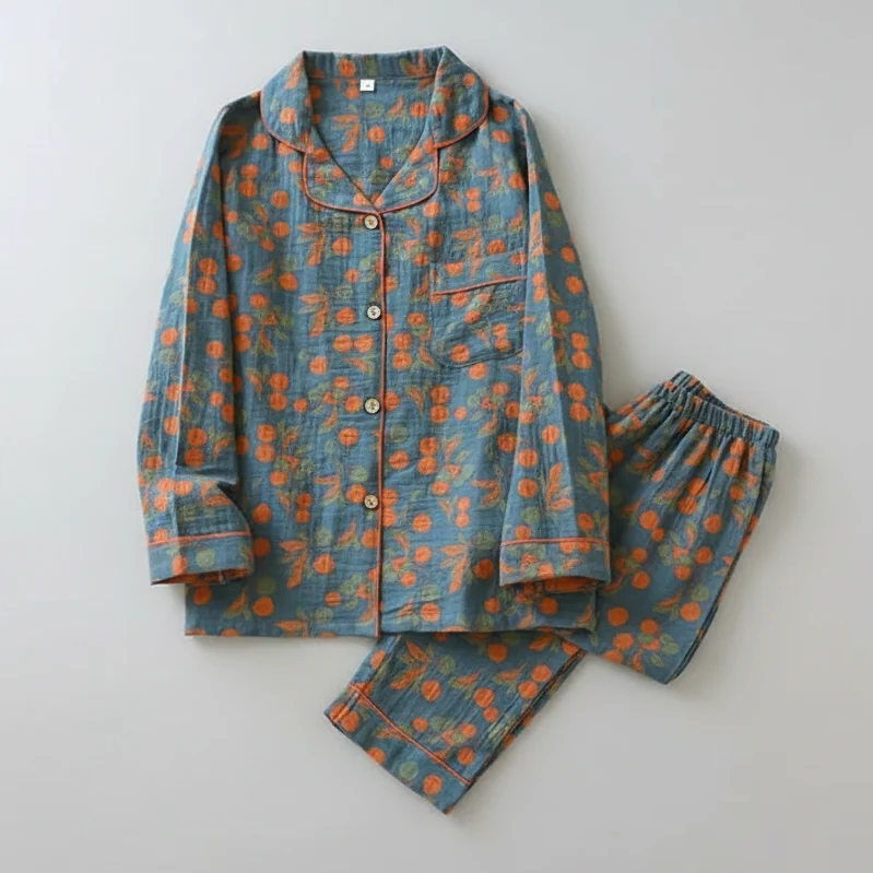 Damen-Baumwollpyjama-Set, garngefärbtes Jacquard-Muster, Vintage-Stil, lang, 2-teilig