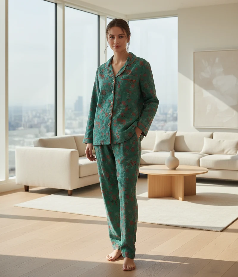 Damen-Baumwollpyjama-Set, garngefärbtes Jacquard-Muster, Vintage-Stil, lang, 2-teilig