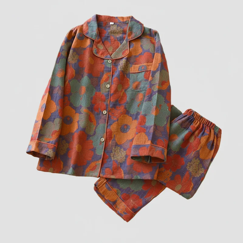Damen-Baumwollpyjama-Set, garngefärbtes Jacquard-Muster, Vintage-Stil, lang, 2-teilig