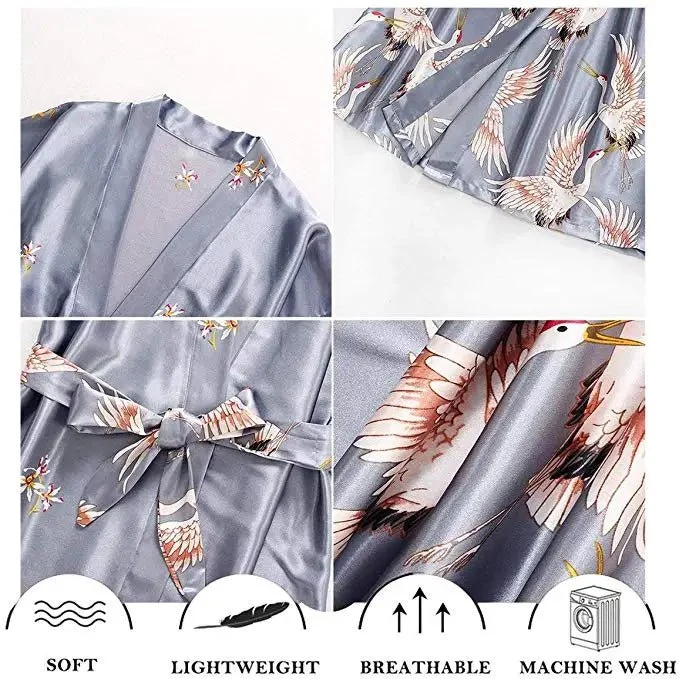 Schwarzer Satin-Kimono für Damen – Sexy Brautkleid mit Blumenmuster, Größen M-3XL
