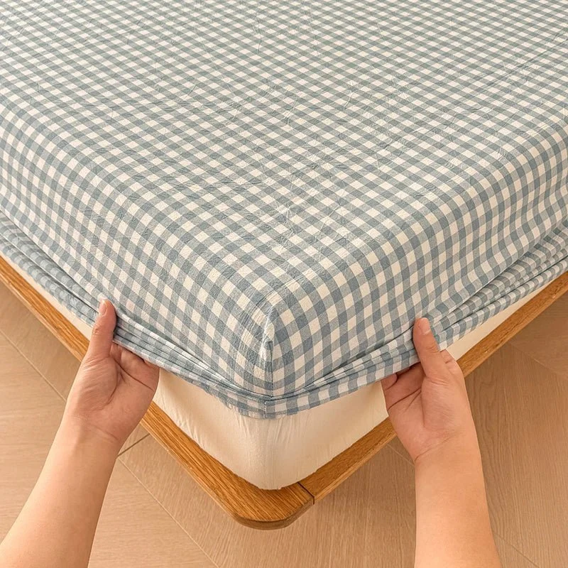 Kariertes Baumwoll-Spannbettlaken-Set mit verstellbarem Bettlaken und passenden Kissenbezügen