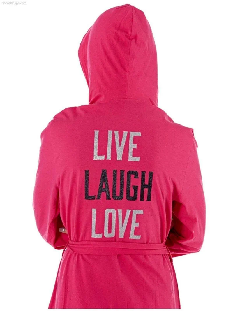 Damen-Jersey-Bademantel mit Kapuze und „Live Laugh Love“-Aufdruck auf der Rückseite